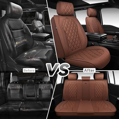 CAR PASS Luxury Nappa Leather Seat Covers Full Set, 3D Rhombus Waterproof Faux Leather Seat Covers, Universal Automotive Seat Cushion Fit for Most Sedan SUV Truck Van, Armrest Airbag Compatible Brown