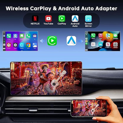 6-in-1 Android Auto Wireless Adapter and Apple CarPlay Adapter, Wireless Carplay Adapter with Netflix YouTube TF Card, Plug & Play, Easy Setup, Magic Video Ai Box for OEM Wired Apple Car Play Cars