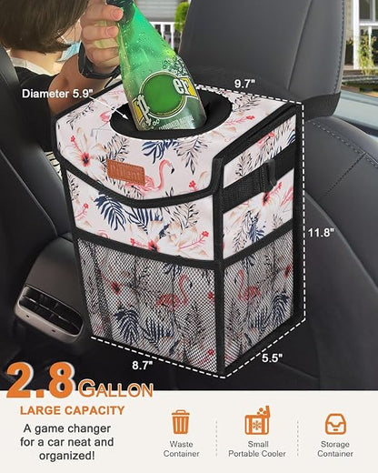 Pritent Car Trash Can with Lid, Cute Leakproof Car Trash Garbage Bag Hanging Vehicle Trash Bin Small Portable Automotive Garbage Cans Organizer for Back/Front Seat/Console(2.8 gal,Flamingo Print