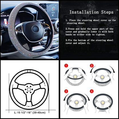 Carwales Pink Bling Steering Wheel Cover for Women Sparkly Rhinestone Bedazzled Car Accessories Diamond Cute 15.5-16 inch for Large Size Steering Wheel