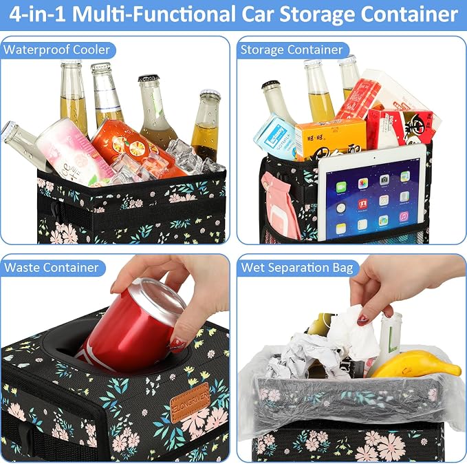 ELONGRIVER Car Trash Can Bin for Back Seat Leak Proof, Cute Car Trash Bag Hanging, Vehicle Trash Can for SUV Truck Van, Automotive Garbage Cans Front Seat Colorful Floral, 2 Gallons