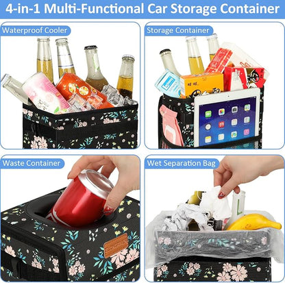 ELONGRIVER Car Trash Can Bin for Back Seat Leak Proof, Cute Car Trash Bag Hanging, Vehicle Trash Can for SUV Truck Van, Automotive Garbage Cans Front Seat Colorful Floral, 2 Gallons