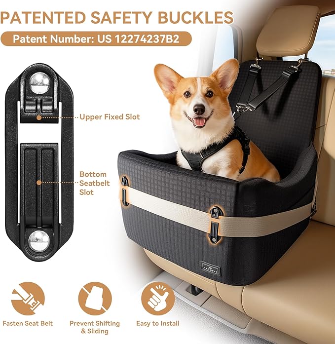 PETSFIT Dog Booster Car Seat for Small/Medium Dogs Up to 35 lbs – Patented Safety System, 5" Memory Foam Pet Car Seat, Fully Detachable and Washable Cover, Front/Back Seat Travel Booster (Black)