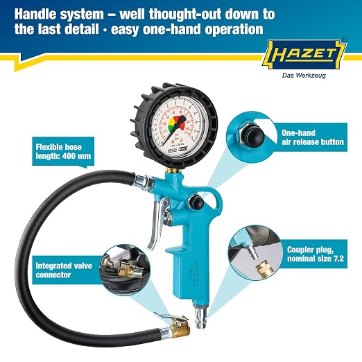 HAZET Tire Pressure Gauge 9041-1 I Pressure Gauge Measuring Range: 0-174 Psi, Hose Length: 15.75 Inches, Pressure Gauge Diameter: 2.48 Inches I Tire Pressure Gauge for Cars