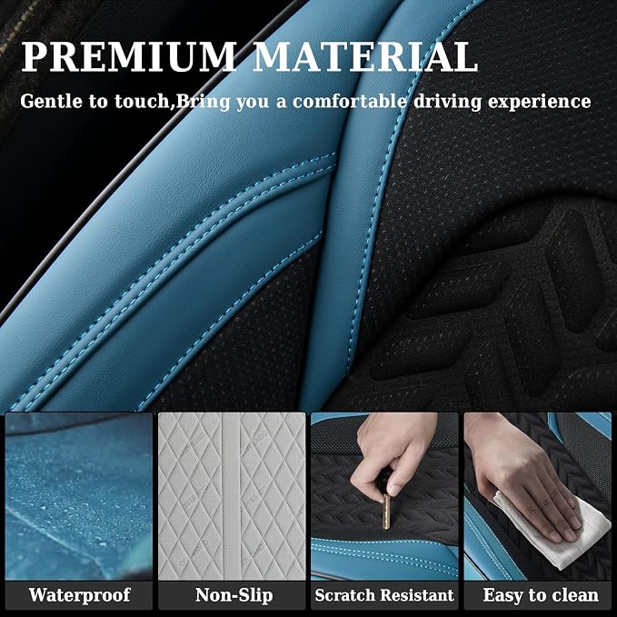 Coverado Seat Covers Full Set, 5 Seats Breathable Faux Leather Seat Covers for Cars, Car Seat Cover Winter, Car Seat Protector Car Seat Cushion, Automotive Seat Cover Universal Fit Most Vehicles, Blue
