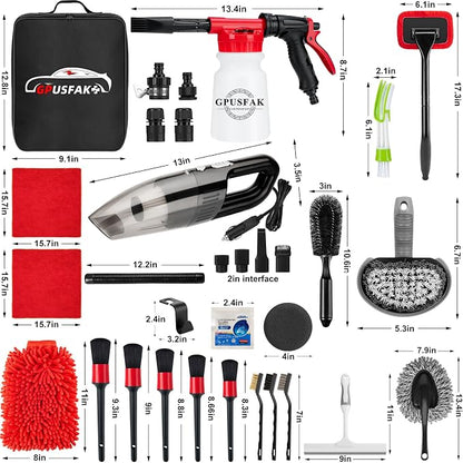 42Pcs Car Wash Cleaning Kit with Foam Gun Sprayer Detailing Brushes Car Vacuum Windshield Cleaning Tool Tire Brush Towels Complete Interior Exterior Detailing Set for Car