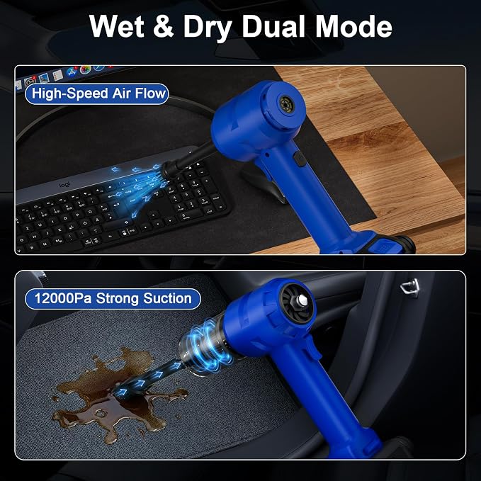 Vinid Handheld Car Vacuum Cleaner, 12000Pa Cordless Wet/Dry Vacuum & Air Blower, with Safety Hammer & Seatbelt Cutter, 80W 6000mAh Battery, HEPA Filter, Type-C Charging for Car Home Emergency, Blue