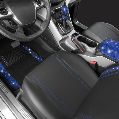 CAR PASS Bling Diamond Car Seat Covers Blue Rhinestone Black Leather Shining Car Floor Mats Carpet with Anti-Slip Nibs Shining Car Accessories Sets Glitter Sparkly Crystal Universal Fit for Girl Women