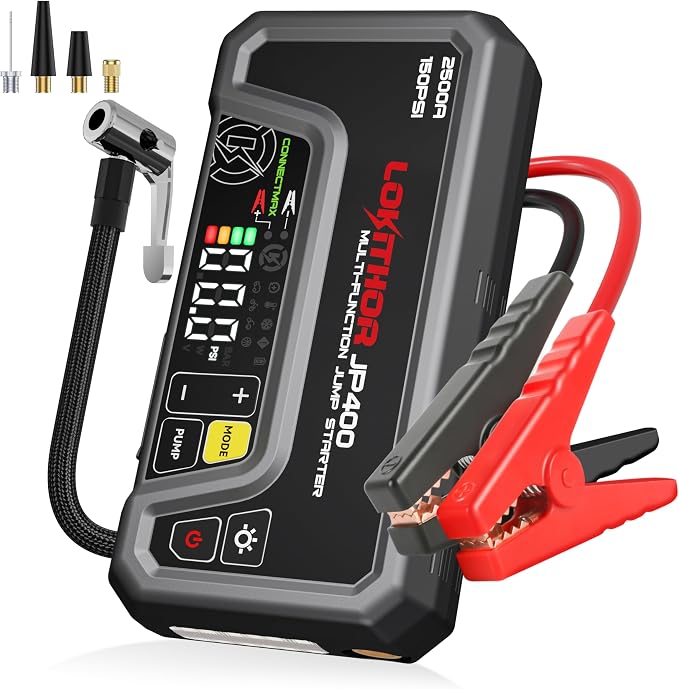 LOKITHOR JP400 Jump Starter with Air Compressor, 2500A 12V Car Battery Jumper Starter Portable (8.5L Gas/6.5L Diesel) Jump Box for Car Battery with ConnectMax, 150PSI Tire Inflator, Jumper Cables