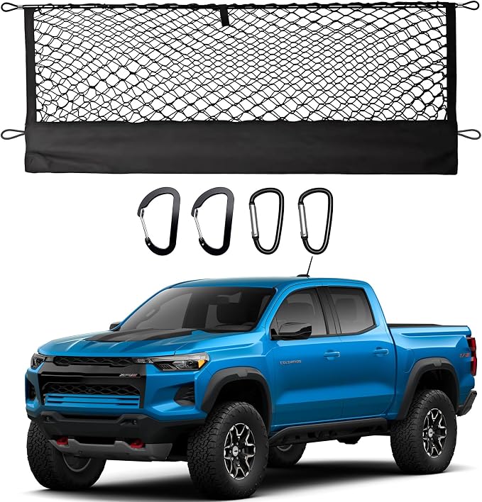 Truck Cargo Net for Chevy Colorado & GMC Canyon 2023-2025 Accessories, Envelope Style Pickup Cargo Net with Storage Bag, Heavy Duty Elastic Mesh Organizer with Carabiners, Secures Groceries & Gear