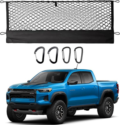 Truck Cargo Net for Chevy Colorado & GMC Canyon 2023-2025 Accessories, Envelope Style Pickup Cargo Net with Storage Bag, Heavy Duty Elastic Mesh Organizer with Carabiners, Secures Groceries & Gear
