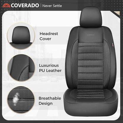 Coverado Car Seat Covers Front Seats Luxury Leather Automotive Mesh 2 Pack Airbag-Compatible Universal Fit Seat Protector Seat Cushion for SUV Sedan Truck Black