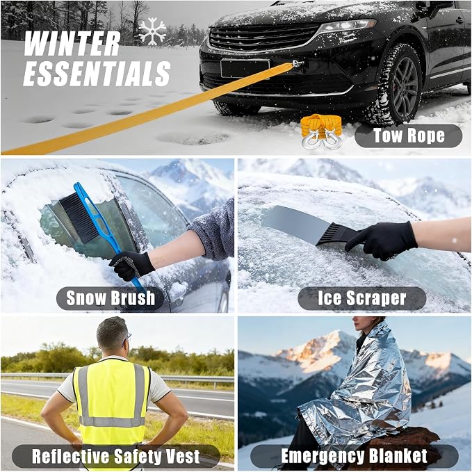 Roadside Emergency Car Kit Winter Road Trip Assistance Vehicle Safety Kit with Air Comperss, Detachable Snow Shovel, Jumper Cables, Tow Strap