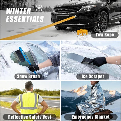 Roadside Emergency Car Kit Winter Road Trip Assistance Vehicle Safety Kit with Air Comperss, Detachable Snow Shovel, Jumper Cables, Tow Strap