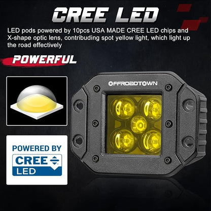 OFFROADTOWN 5 Inch Yellow Flush Mount LED Pods 2PCS 100W CREE LED Light Pods Spot Beam Off Road Driving Lights Fog Lights Reverse Lighting for Truck UTV ATV SUV Honda Chevy Boat