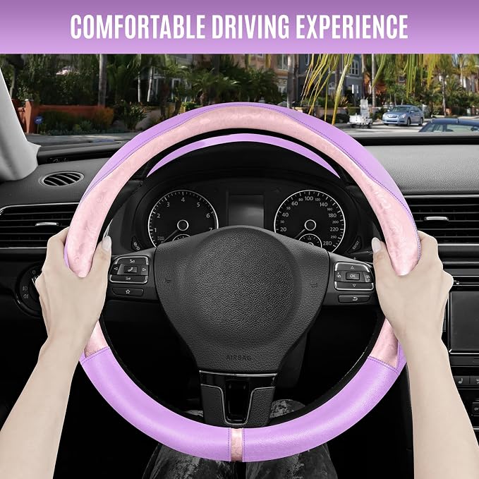 PIC AUTO Steering Wheel Cover, Pink Patterned & Light Purple Leather Patchwork Design, Universal Fit 14.5"–15.5", Anti-Slip, Soft PU Grain Leather, Durable Grip Car Accessory for Girls & Women