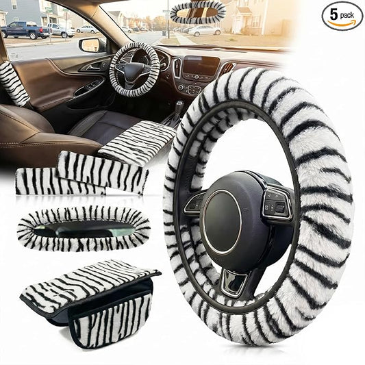 5 Pcs Fuzzy Animal Print Car Accessories Set, Soft Fluffy Plush Steering Wheel Cover, Center Console Armrest Pad & Rearview Mirror Cover - Interior Decorations for Women,Universal Fit (Zebra Print)