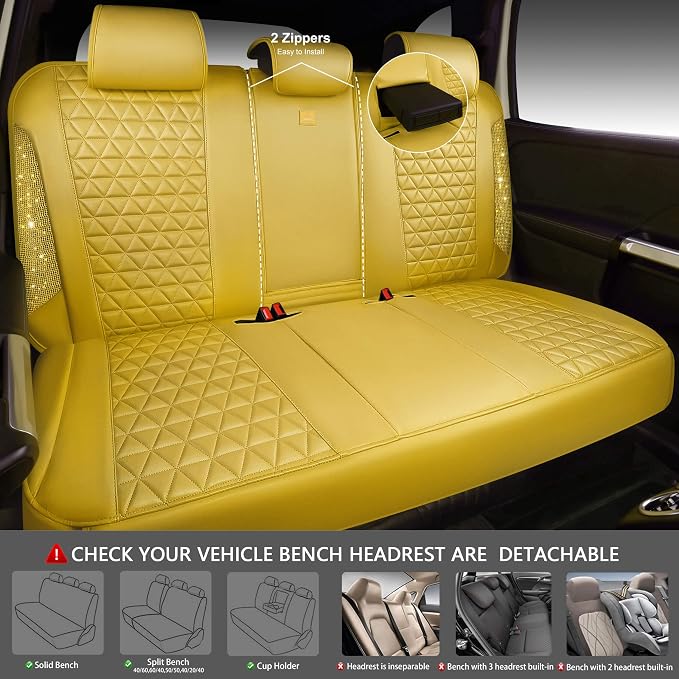 CAR PASS Yellow Bling Diamond Leather Car Seat Cover Full Sets,Waterproof Shining Glitter Sparkly Crystal Universal Fit for Automotive Truck SUV Cute Women Girl Airbag Compatable,All Yellow Rhinestone