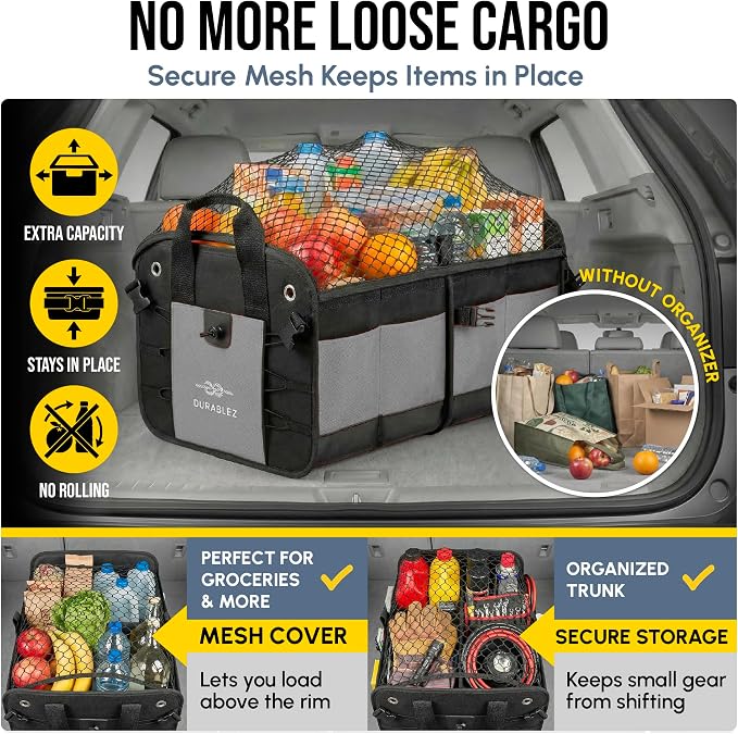 3-Section Modular Trunk Organizer XL – Car Storage for Groceries, Cleaning Supplies, Tools, Sports Gear – Foldable L-Shape Cargo Bin – Gray
