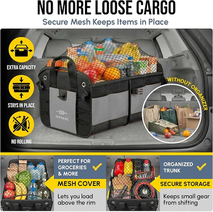 3-Section Modular Trunk Organizer XL – Car Storage for Groceries, Cleaning Supplies, Tools, Sports Gear – Foldable L-Shape Cargo Bin – Gray