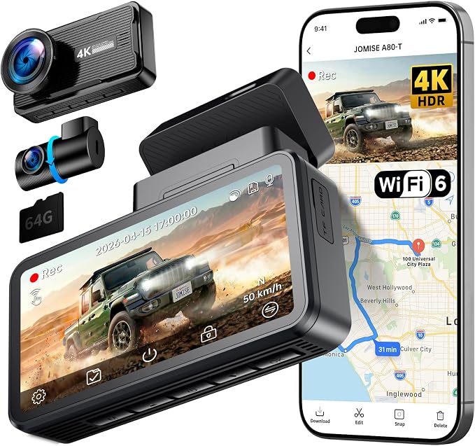 JOMISE 4K Dash Cam Front and Rear, 360° Interior Rear Camera for Cabin, Side & Rear - Dash Camera for Cars with 64GB Card, Low-Light Sensor, Wi-Fi 6 GPS, Touch Screen, HDR WDR, Support 1TB, A80T