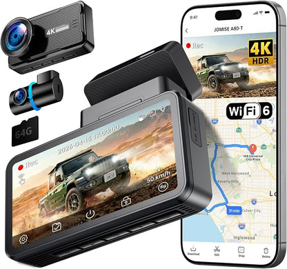 JOMISE 4K Dash Cam Front and Rear, 360° Interior Rear Camera for Cabin, Side & Rear - Dash Camera for Cars with 64GB Card, Low-Light Sensor, Wi-Fi 6 GPS, Touch Screen, HDR WDR, Support 1TB, A80T
