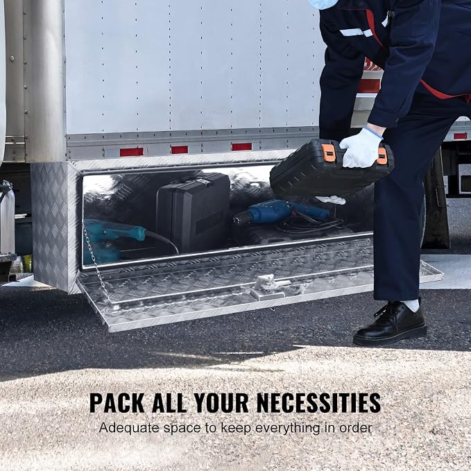 VEVOR Underbody Truck Box, 48"×24"×24" Pickup Storage Box, Heavy Duty Aluminum Diamond Plate Tool Box with Lock and Keys, Waterproof Trailer Storage Box with T-Handle Latch for Truck, Van, Trailer