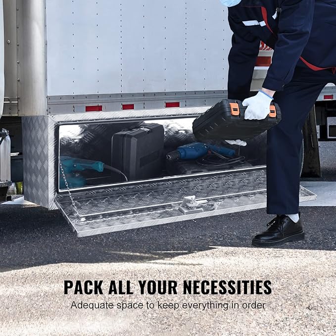 VEVOR Underbody Truck Box, 60"×24"×24" Pickup Storage Box, Heavy Duty Aluminum Diamond Plate Tool Box with Lock and Keys, Waterproof Trailer Storage Box with T-Handle Latch for Truck, Van, Trailer