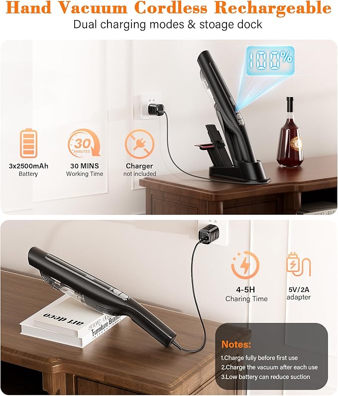 Cordless Handheld Vacuum,24KPA Powerful Hand Held Vacuum,Portable Rechargeable Car Vacuum Cleaner with Brushless Motor,Charging Dock and Washable Filter for Car,Home,Office,Pet Pair,Black