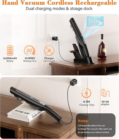 Cordless Handheld Vacuum,24KPA Powerful Hand Held Vacuum,Portable Rechargeable Car Vacuum Cleaner with Brushless Motor,Charging Dock and Washable Filter for Car,Home,Office,Pet Pair,Black