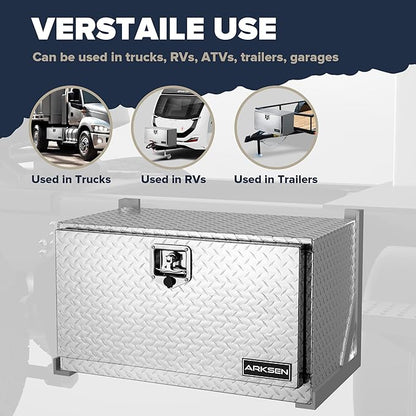 ARKSEN 30 x 17 x 18 Inch Underbody Tool Box, Heavy Duty Aluminum Diamond Plate Waterproof Square Storage Organizer Chest with T-Handle Lock & Keys for Pickup Truck, RV & Trailer – Silver