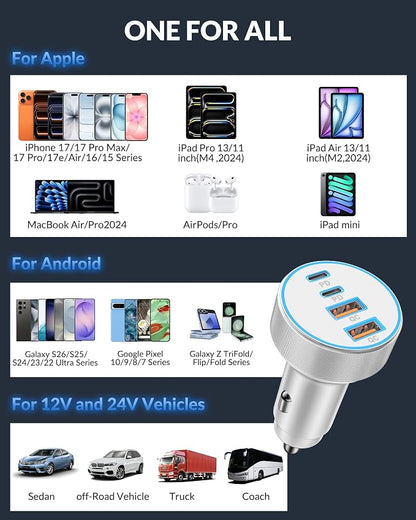 iPhone 17 16 15 Car Charger Fast Charging, 90W 4-Port USB C Fast Car Charger Cigarette Lighter Adapter with 240W 3FT USB-C Cable for iPhone 17/17 Pro/Air/17 Pro Max/16/16 Pro/ 15/15 Pro Max/Plus, iPad