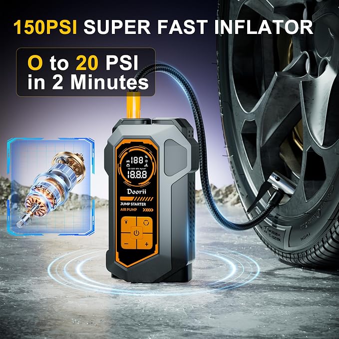 8000A Jump Starter with Air Compressor, Car Jumper Starter Portable, 150PSI Tire Inflator/Air Pump, LED Flashlight for Up to All Gas / 12.0L Diesel Engines
