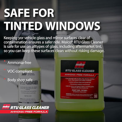 Malco Ready-To-Use Glass Cleaner - Streak-Free Removal of Dirt, Grease, Oils, & Bug Debris from Glass, Chrome, Tile, Stainless Steel, Vinyl, Rubber/Ammonia-Free & Tint Safe / 1 Gallon (107901)
