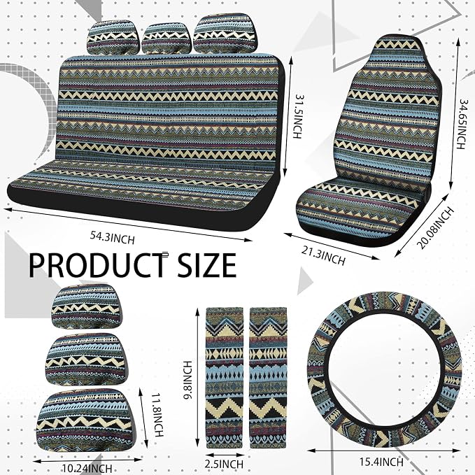 Frienda 14 Pcs Baja Car Seat Covers Full Set Multicolor Stripe Boho Print Steering Wheel Cover Seat Belt Cover Crystal Hanging Ornament Car Holders Fits (Bohemia Style)