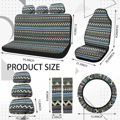 Frienda 14 Pcs Baja Car Seat Covers Full Set Multicolor Stripe Boho Print Steering Wheel Cover Seat Belt Cover Crystal Hanging Ornament Car Holders Fits (Bohemia Style)