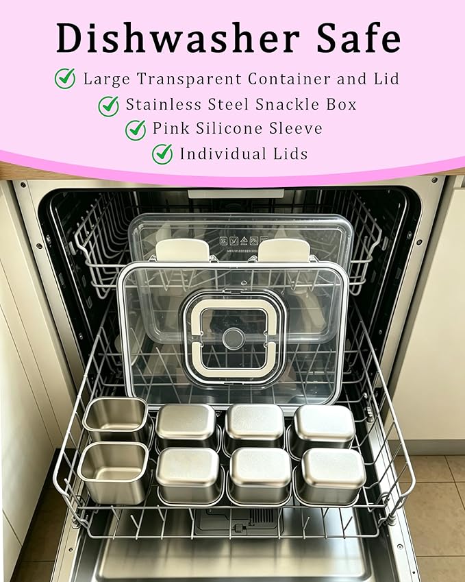 Snackle Box Container, Stainless Steel Divided Serving Tray with Lid and Handle, Large Snack Tray for Fruit Veggie Candy, 8-Compartment Snack Platter for Travel Beach Picnic,with Pink Silicone Sleeve