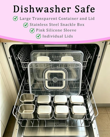 Snackle Box Container, Stainless Steel Divided Serving Tray with Lid and Handle, Large Snack Tray for Fruit Veggie Candy, 8-Compartment Snack Platter for Travel Beach Picnic,with Pink Silicone Sleeve