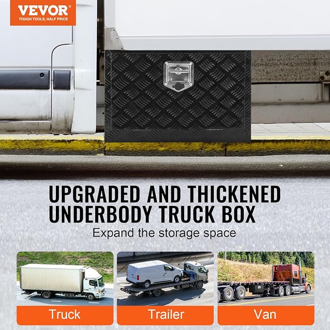 VEVOR Underbody Truck Box, 24" x 12" x 14" Pickup Storage Box, Heavy Duty Aluminum Diamond Plate Tool Box with Lock and Keys, Waterproof Trailer Storage Box with T-Handle Latch for Truck, Van, Trailer