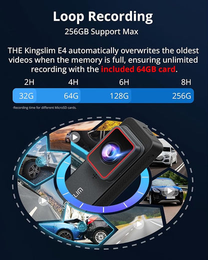 Kingslim 4K Dash Cam Front and Rear, Front 4K Rear 1080P Dual Dash Camera for Cars, Mini Dashcam with 64GB Card, APP Control, Night Vision, G-Sensor, Loop Recording, Parking Mode