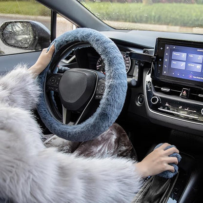 SEG Direct Furry Car Steering Wheel Cover with Fluffy Gear Shift Cover Soft Warm Non-Slip Car Decoration for Men Women Girls 2 PCS Set, Blue Gray