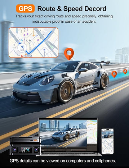 360° View 4K 4 Channel Dash Cam Front and Rear Inside Left Right, Built-in GPS, 5.8GHz WiFi, Car Dash Camera for Cars with App Connect, Support Parking Mode, G-Sensor, Free 128GB Card