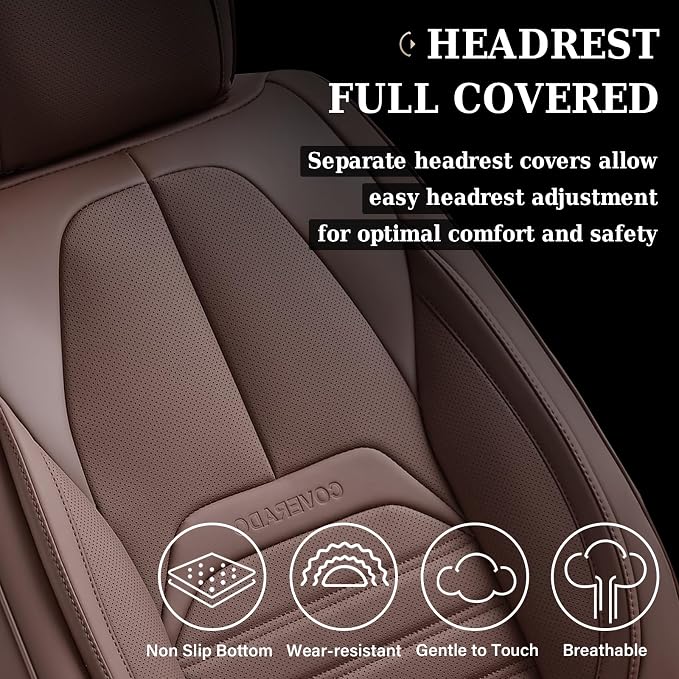 Car Seat Covers Full Set, Brown Seat Covers for Cars, Automotive Seat Covers, Waterproof Nappa Leather Front Seats and Back Car Seat Protector, Universal Fit for Most Cars SUV Trucks