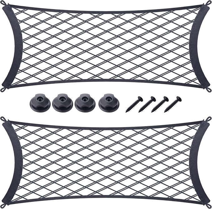 JINGKE 2 Pcs Small Cargo Net Pocket Elastic Mesh Netting Car Mesh Pouch with Screws and Hooks for Trunk RV Boats Home Cargo Storage (21.7'' x 9.8'')