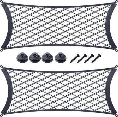 JINGKE 2 Pcs Small Cargo Net Pocket Elastic Mesh Netting Car Mesh Pouch with Screws and Hooks for Trunk RV Boats Home Cargo Storage (21.7'' x 9.8'')
