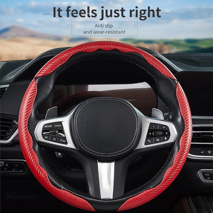 3 Piece Carbon Fiber Steering Wheel Cover,Car Steering Wheel Protector with Non-Slip Lining,Breathable Microfiber Universal for 14.5-15 inch,Red