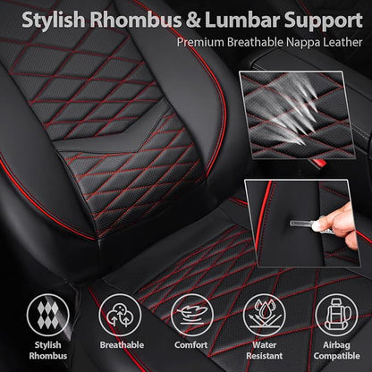 CAR PASS Luxury Nappa Leather Front Seat Covers, Water Resistant 3D Foam Seat Covers with Lumbar Support, Breathable Auto Seat Cover Airbag Compatible Universal Fit for Sedan SUV Van Truck, Black Red