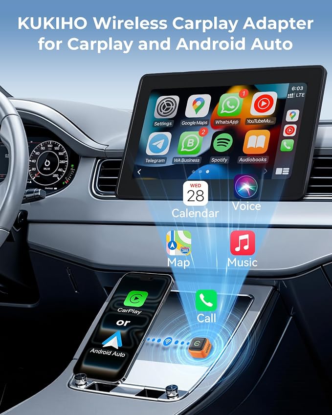 KUKIHO Wireless CarPlay Adapter, 2-in-1 CarPlay & Android Auto, Mini Plug & Play, Fast Auto-Connect, No Latency, USB/USB-C for Cars with Built-in CarPlay, iOS 10+/Android 11+ (Orange)