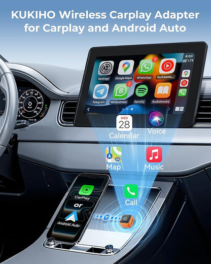 KUKIHO Wireless CarPlay Adapter, 2-in-1 CarPlay & Android Auto, Mini Plug & Play, Fast Auto-Connect, No Latency, USB/USB-C for Cars with Built-in CarPlay, iOS 10+/Android 11+ (Orange)
