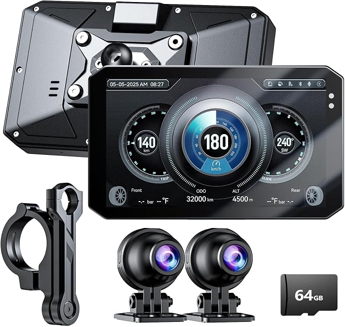 Y5 5" Motorcycle Dash Cam with 307 Rear Camera, Dual 1080P Motorcycle Camera, CarPlay & Android Auto, IP67 Waterproof, 64GB Card Included, GPS, 5G Wi-Fi, App, Night Vision